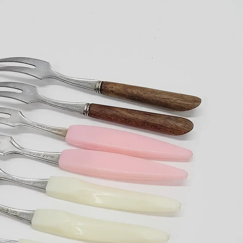 7 Vintage Mini Cocktail Appetizer Forks Stainless Wood Plastic 4